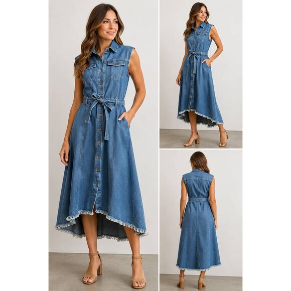 No Brand Dresses & Skirts - Women's Denim Shirt Dress Sleeveless Belted Frayed Hem Button Front Size L NWOT